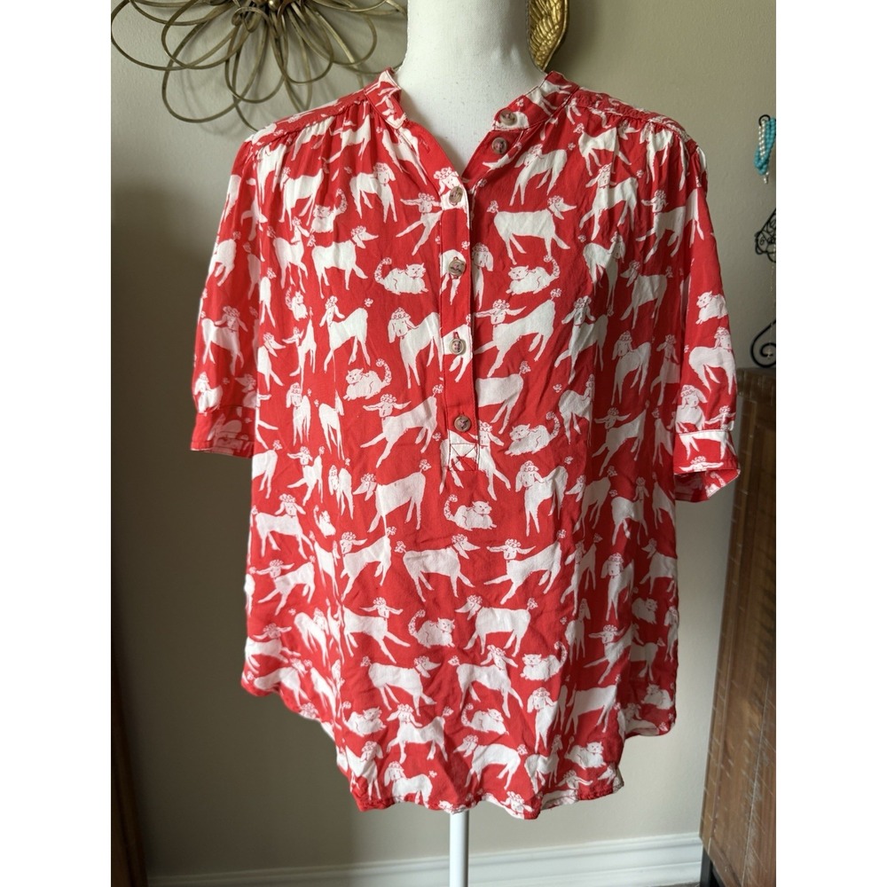 Anthropologie Emily Isabella Robina Blouse M Red Poodle Cat Animal Print